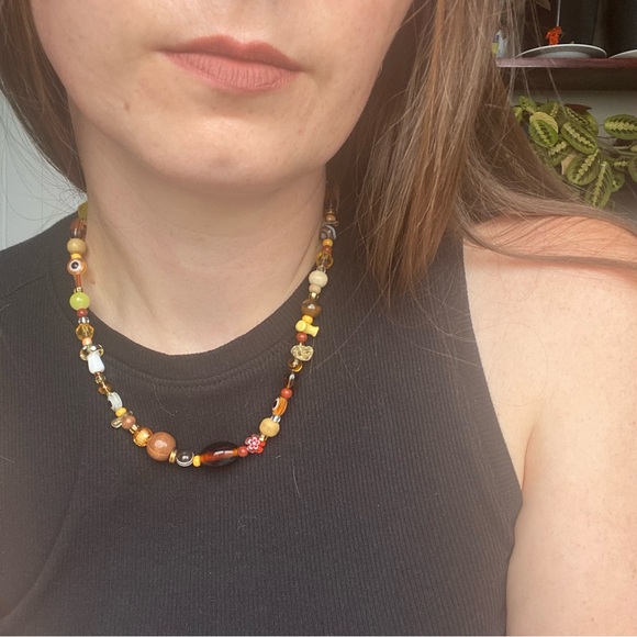 Be Like Honey Mixed Bead Necklace Amber Brown Evil Eye Glass Beads Orange Flower - Picture 7 of 11